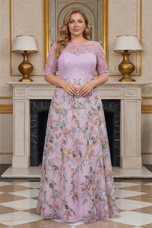 Lilac Floral A-Line Embroidered Plus Size Mother of the Bride Dress with Half Sleeves