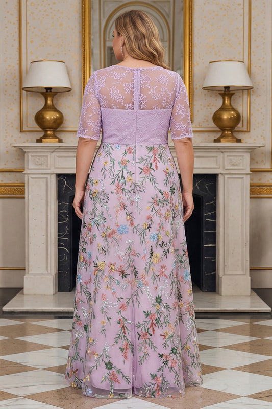 Lilac Floral A-Line Embroidered Plus Size Mother of the Bride Dress with Half Sleeves