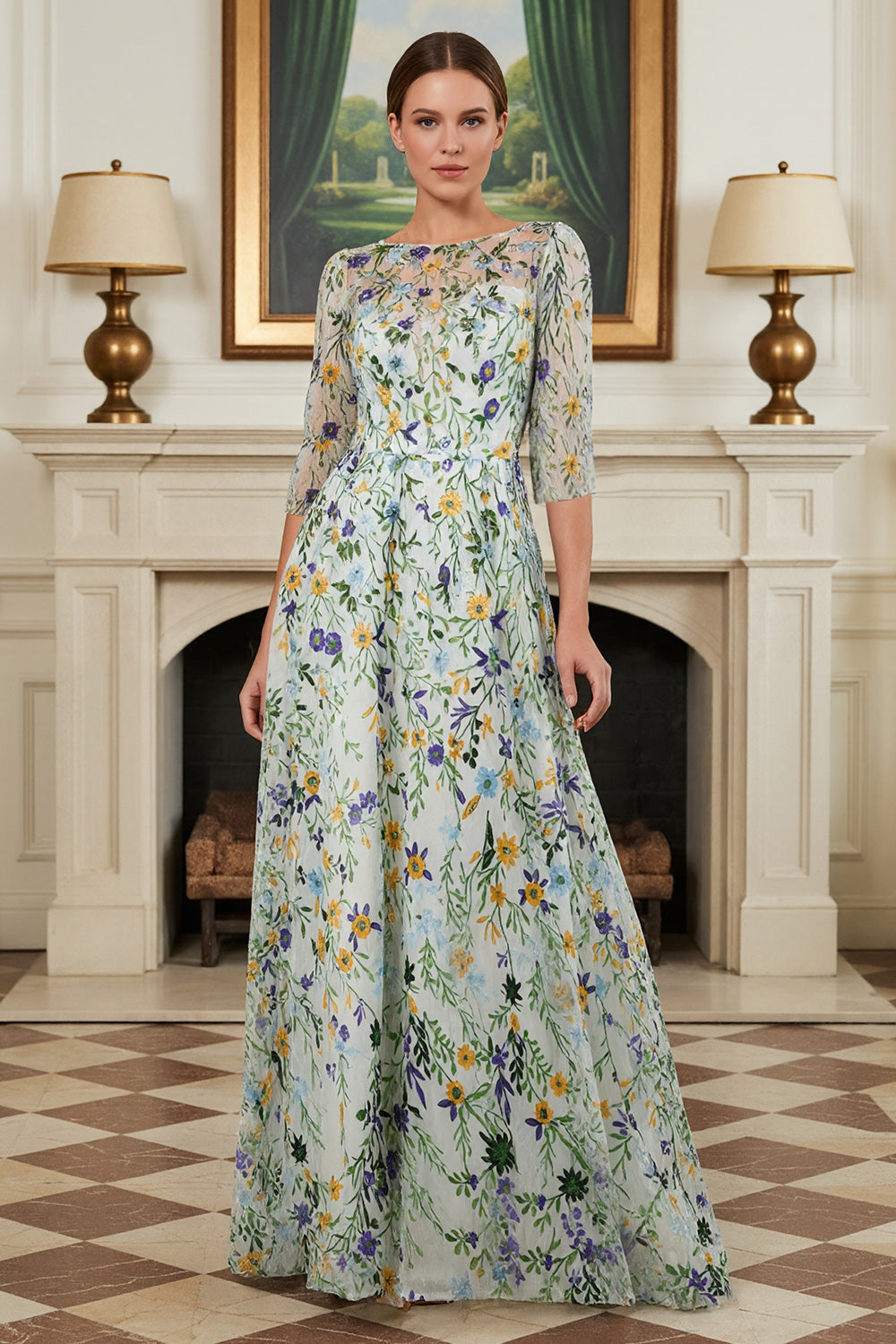 Robe longue de mère de la mariée brodée ligne A à manches 3/4 Fleur verte