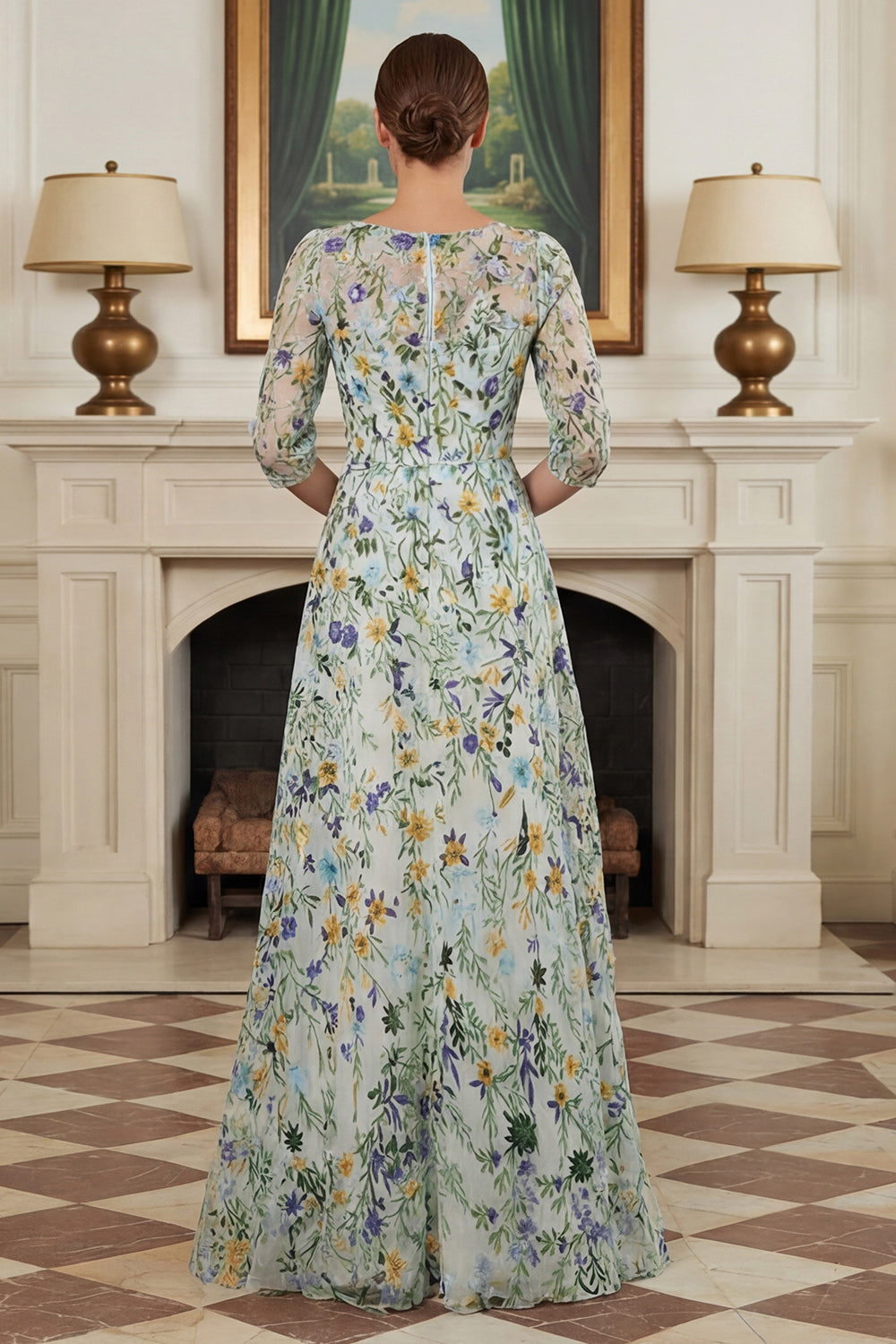 Robe longue de mère de la mariée brodée ligne A à manches 3/4 Fleur verte