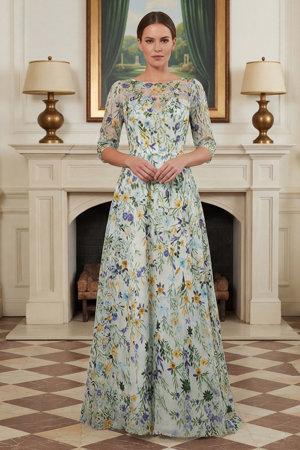 Robe longue de mère de la mariée brodée ligne A à manches 3/4 Fleur verte