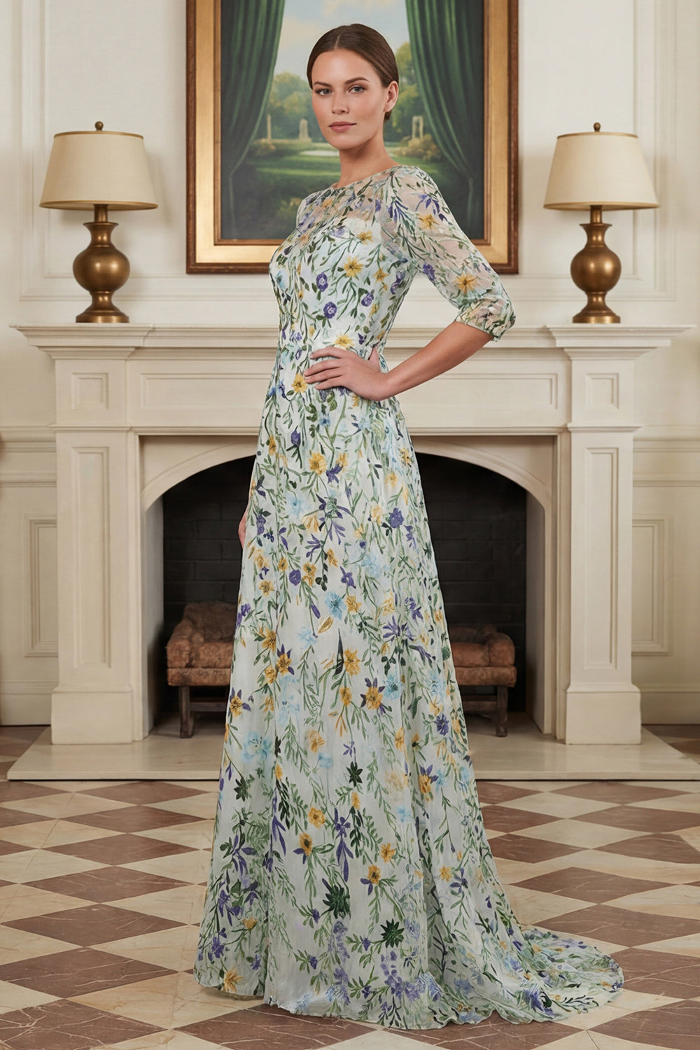 Robe longue de mère de la mariée brodée ligne A à manches 3/4 Fleur verte