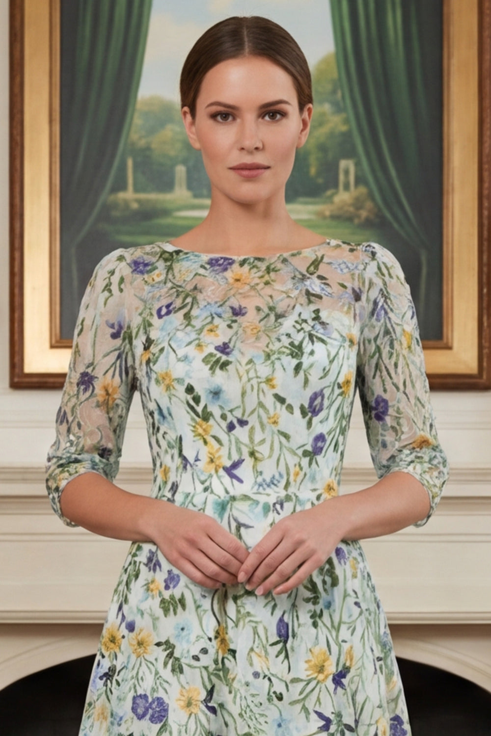 Robe longue de mère de la mariée brodée ligne A à manches 3/4 Fleur verte