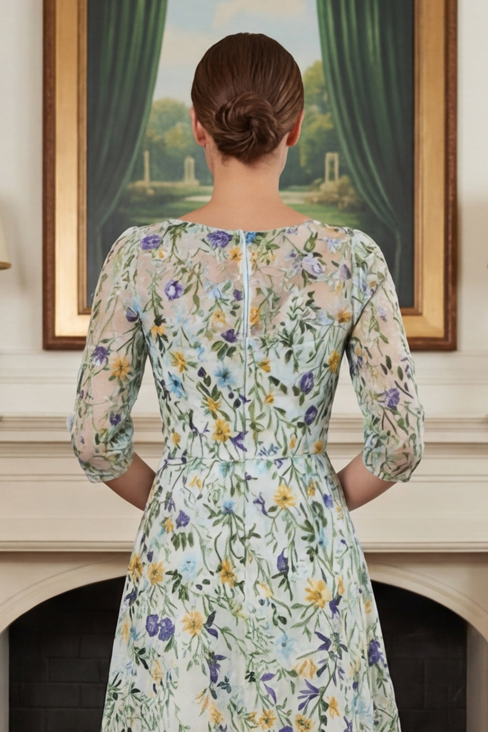 Robe longue de mère de la mariée brodée ligne A à manches 3/4 Fleur verte
