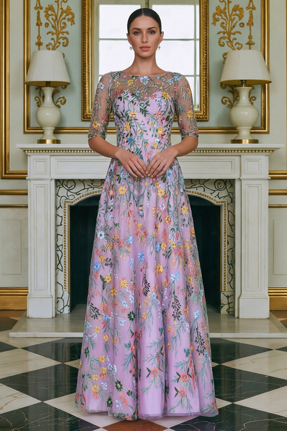 Robe longue de mère de la mariée brodée ligne A à manches 3/4 Fleur verte