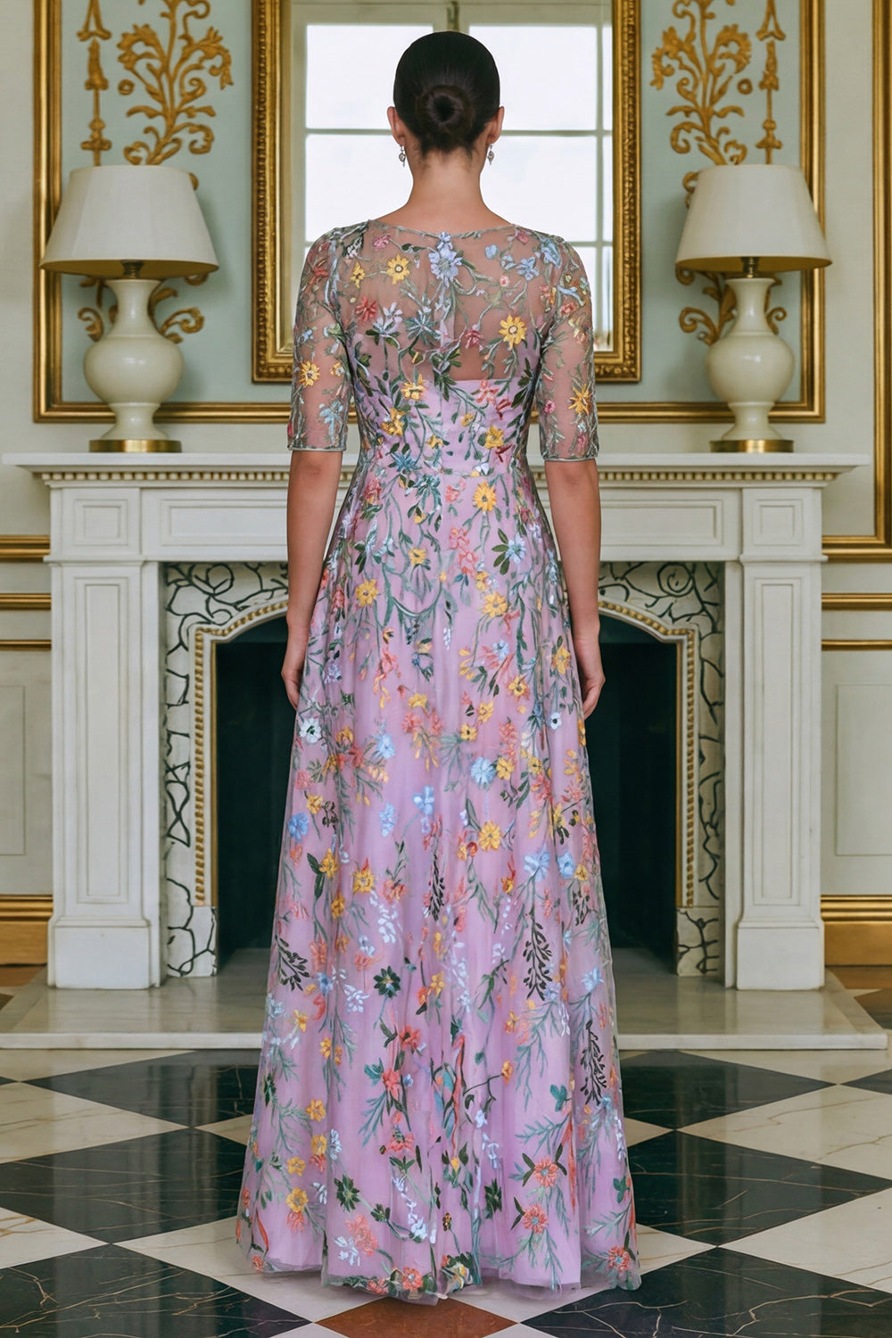 Robe longue de mère de la mariée brodée ligne A à manches 3/4 Fleur verte