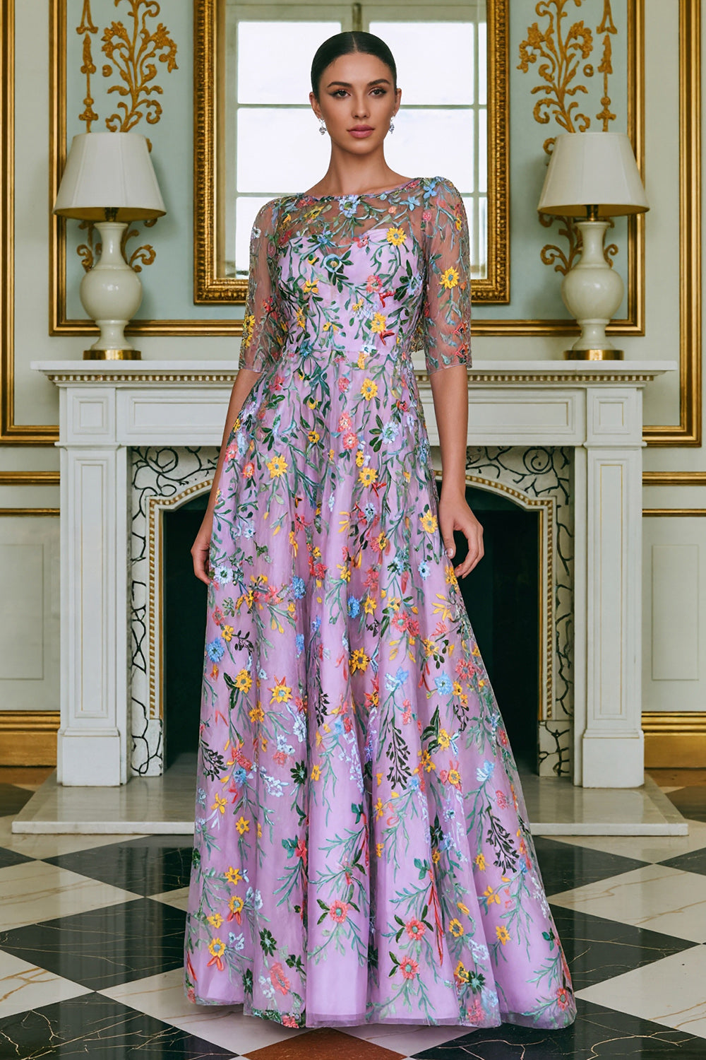 Robe longue de mère de la mariée brodée ligne A à manches 3/4 Fleur verte