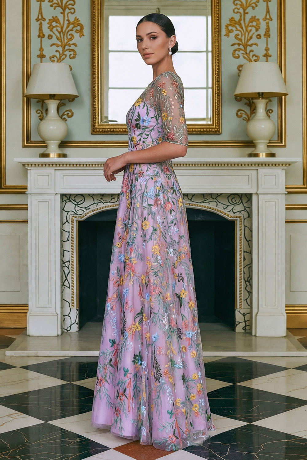 Robe longue de mère de la mariée brodée ligne A à manches 3/4 Fleur verte