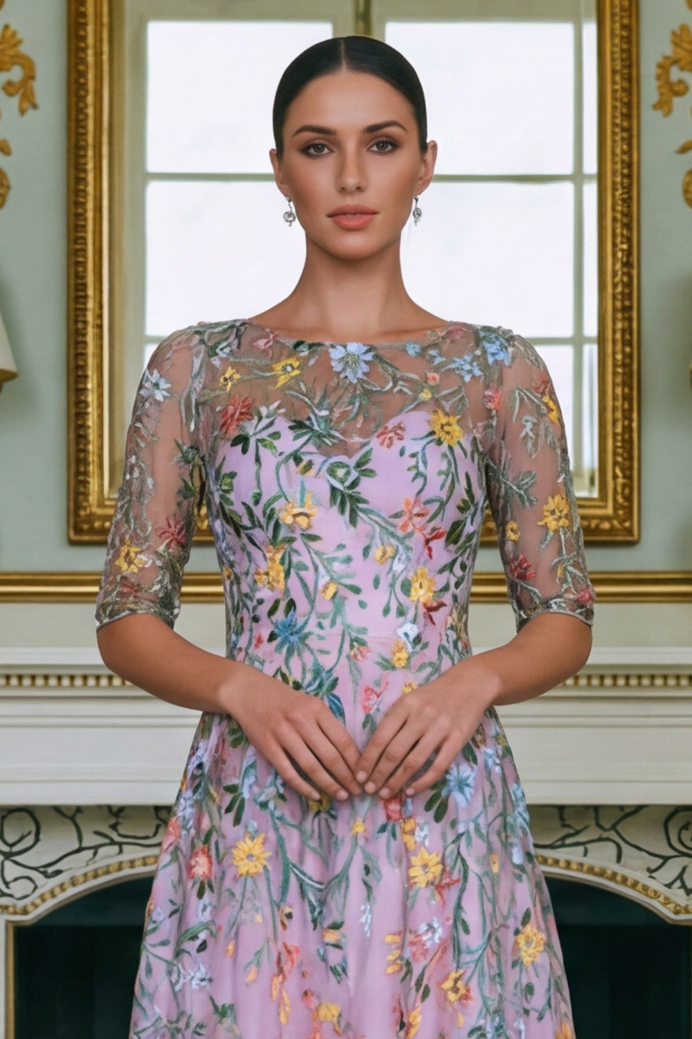 Robe longue de mère de la mariée brodée ligne A à manches 3/4 Fleur verte