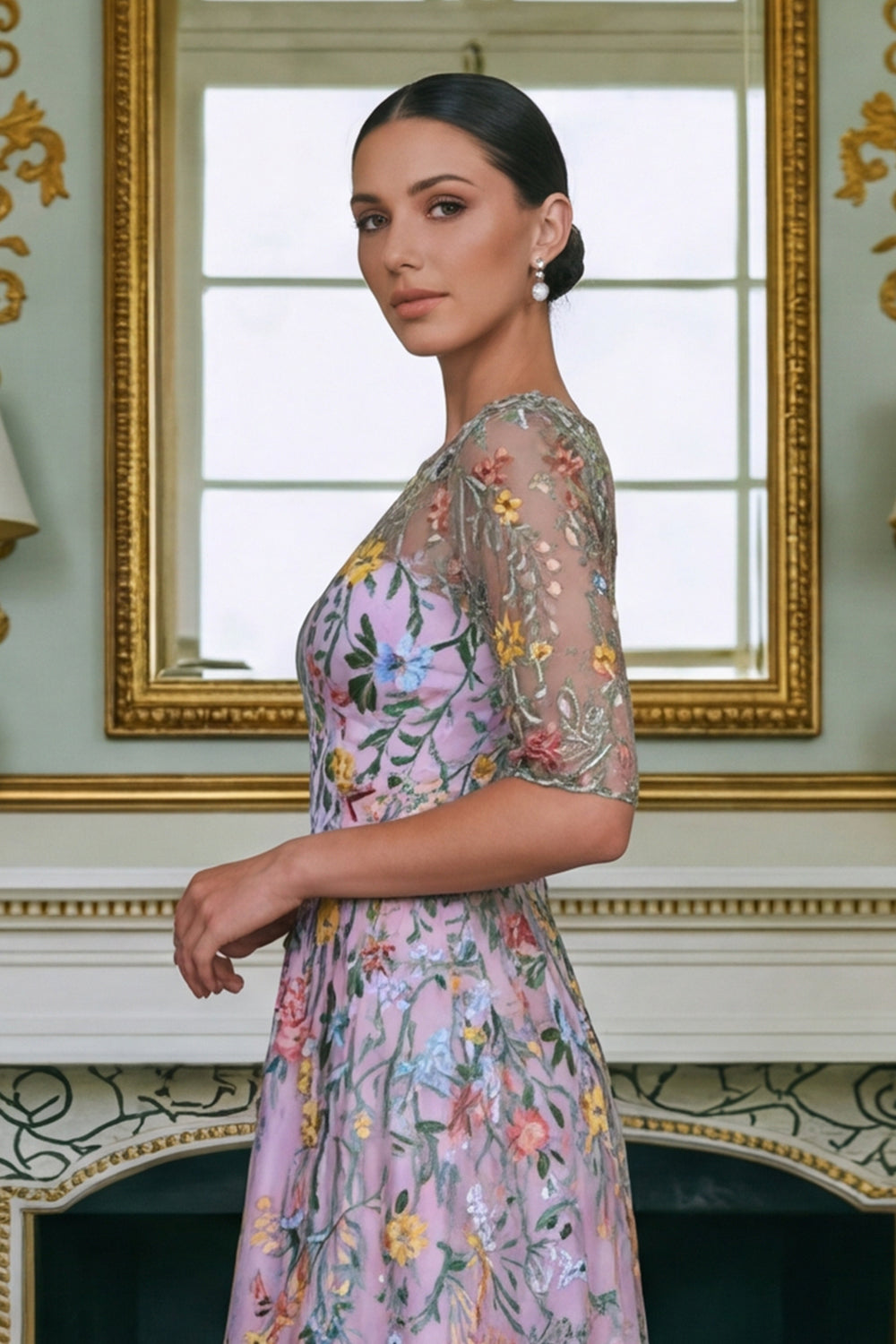 Robe longue de mère de la mariée brodée ligne A à manches 3/4 Fleur verte