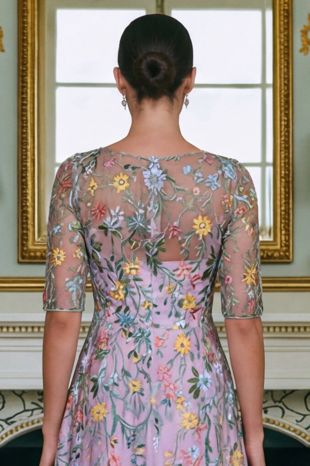 Robe longue de mère de la mariée brodée ligne A à manches 3/4 Fleur verte