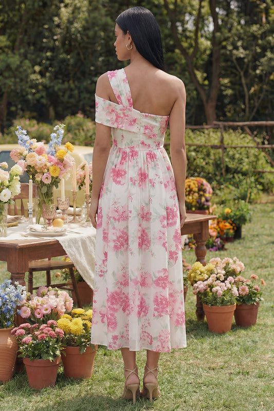 White One-Shoulder Fuchsia Floral Print A-Line Midi Dress
