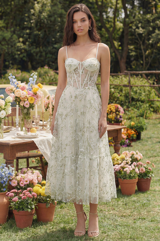 Light Green Appliqued Corset Spaghetti Straps A Line Midi Dress