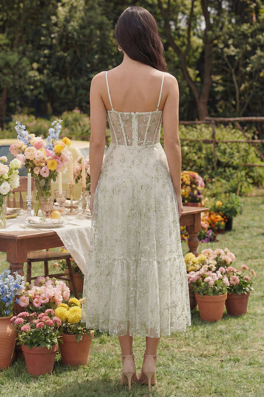 Light Green Appliqued Corset Spaghetti Straps A Line Midi Dress
