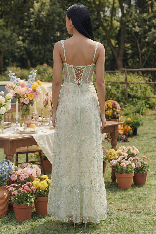 Robe midi trapèze en tulle vert clair avec corset appliqué et fente