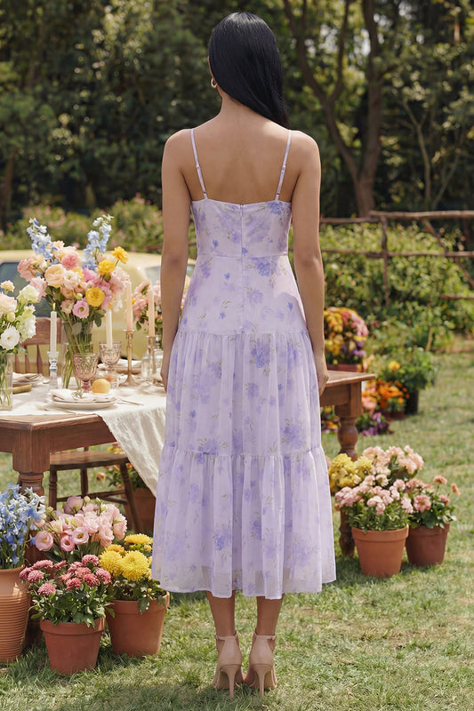 Robe midi trapèze lilas imprimée à bretelles spaghetti et volants