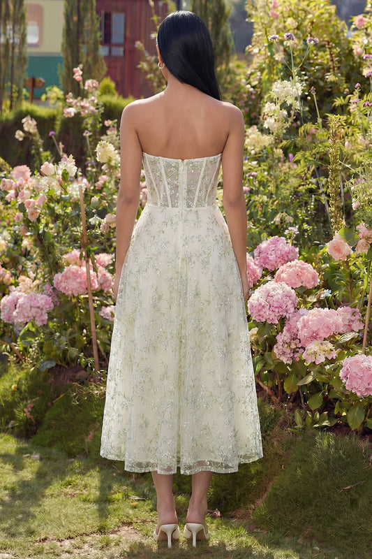 Robe midi en tulle ligne A bustier corset appliqué vert clair
