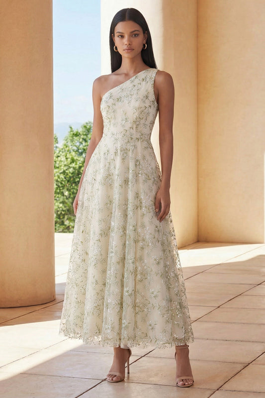 Light Green Appliqued One Shoulder A Line Midi Dress