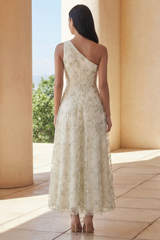 Light Green Appliqued One Shoulder A Line Midi Dress
