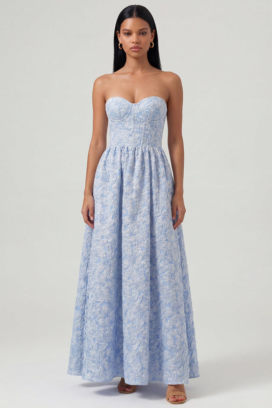 Blue Jacquard Corset Strapless A Line Midi Dress