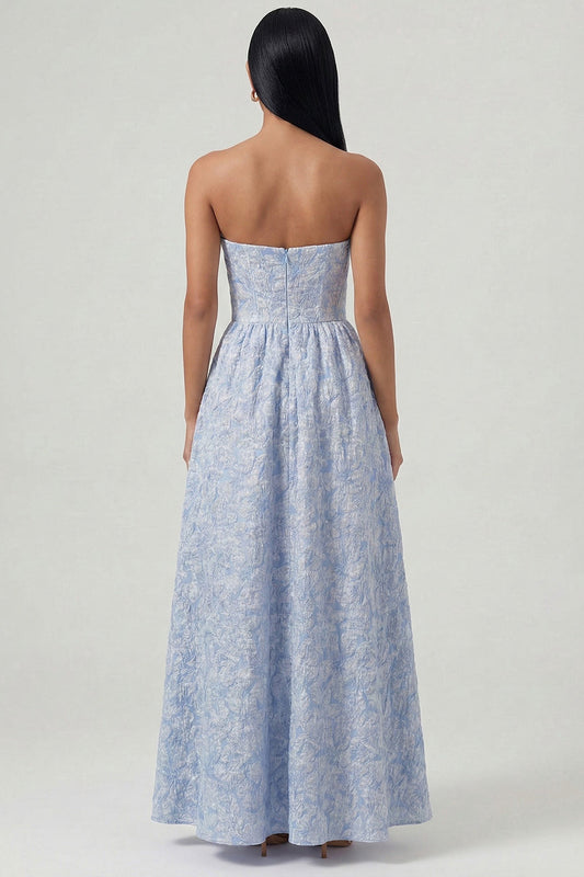 Blue Jacquard Corset Strapless A Line Midi Dress