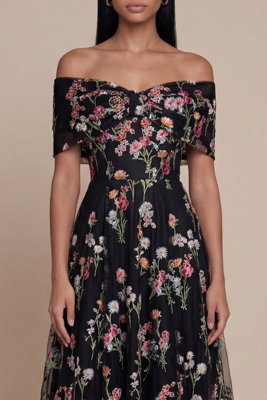 Black Off-the-Shoulder Appliquéd A-Line Tulle Midi Dress