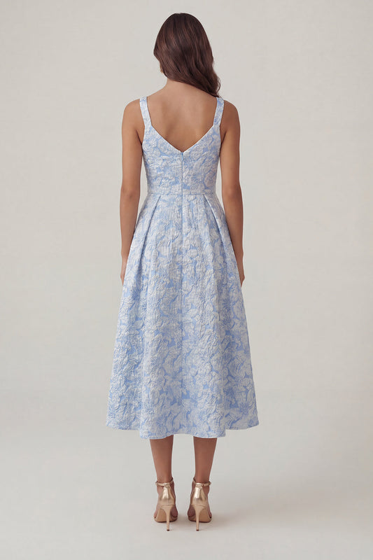 Robe midi bleu jacquard à encolure en V froncée coupe évasée