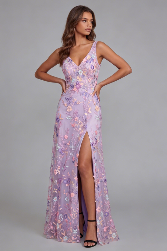 Robe midi trapèze à encolure en V ornée d'une fleur de lilas appliquée avec fente