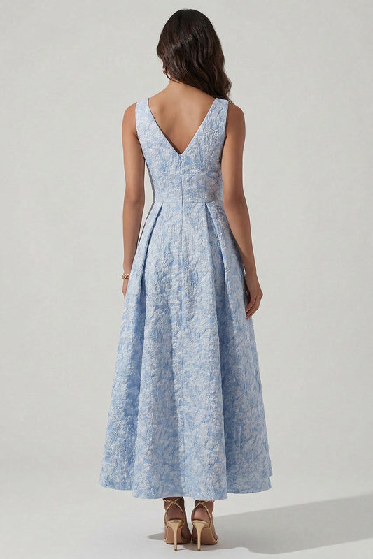 Blue V Neck Jacquard Ruched A Line Midi Dress