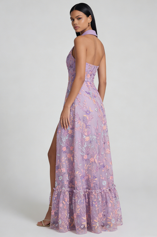 Lilac Flower Appliquéd V-Neck A-Line Sleeveless Midi Dress with Slit