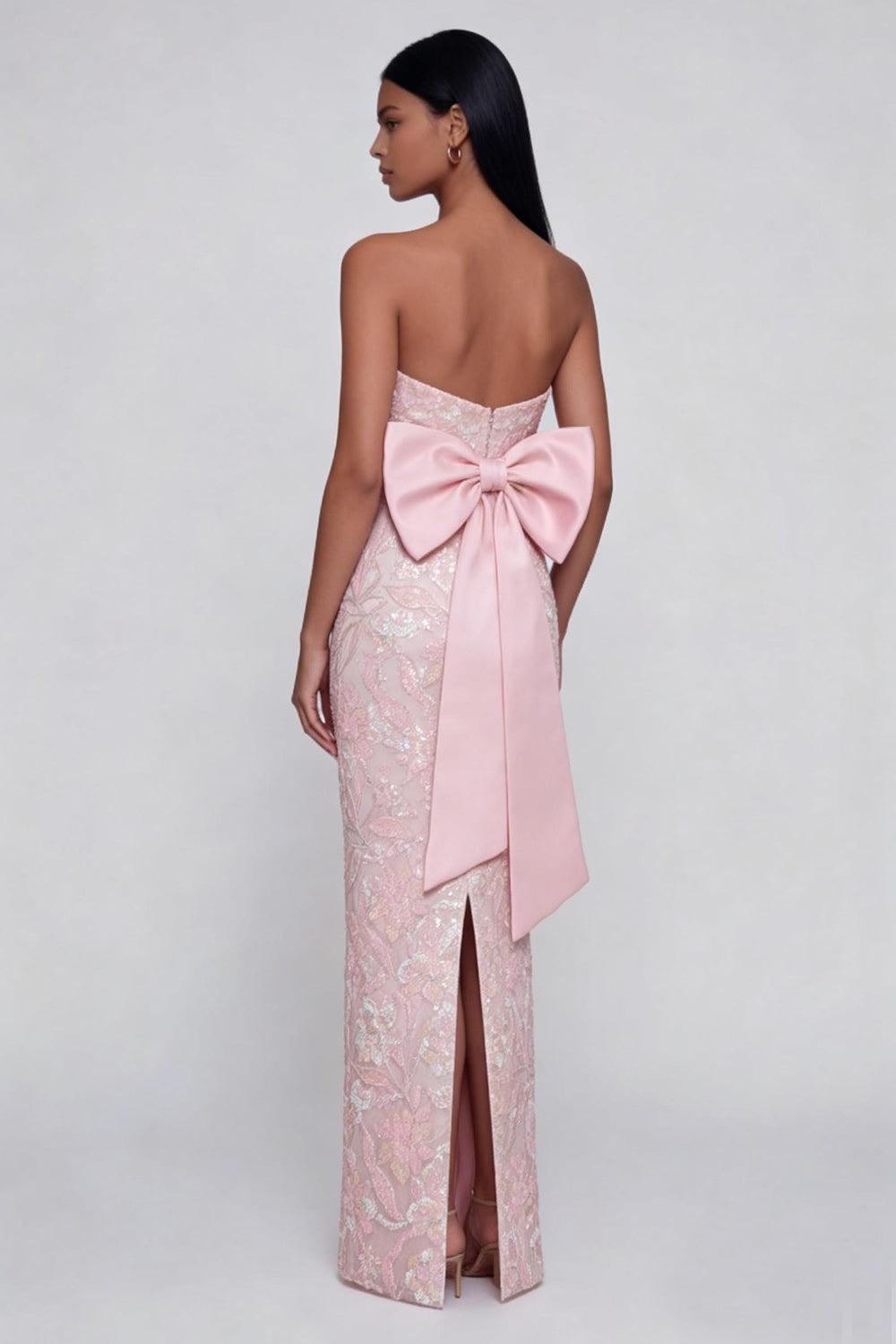 Appliquéd Bowknot Pink Strapless Sheath Midi Dress with Back Slit