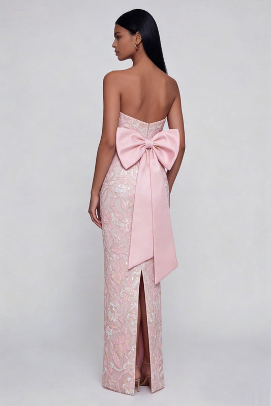 Appliqued Bowknot Pink Strapless Sheath Midi Dress with Back Slit