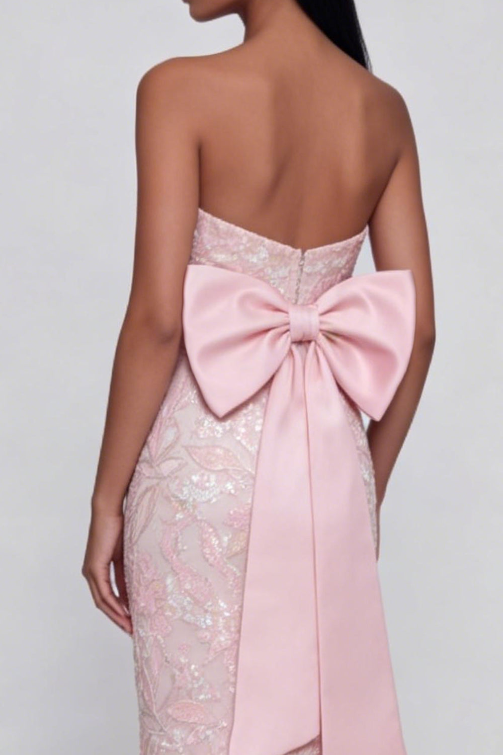Appliquéd Bowknot Pink Strapless Sheath Midi Dress with Back Slit