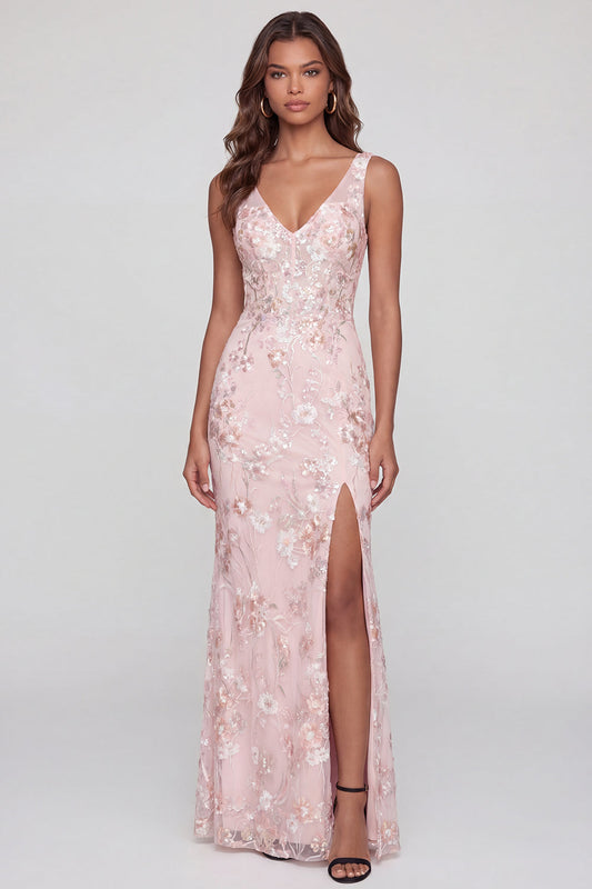 Robe fourreau mi-longue rose scintillante à décolleté en V appliqué et fendue