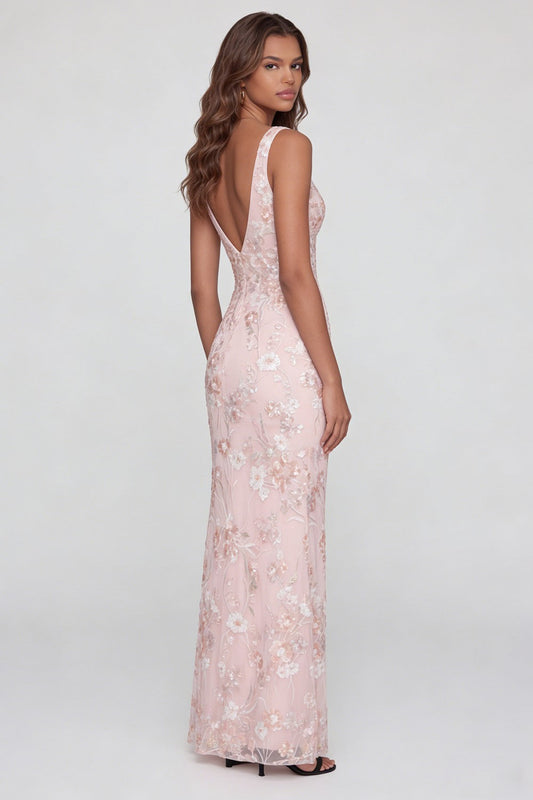 Robe fourreau mi-longue rose scintillante à décolleté en V appliqué et fendue