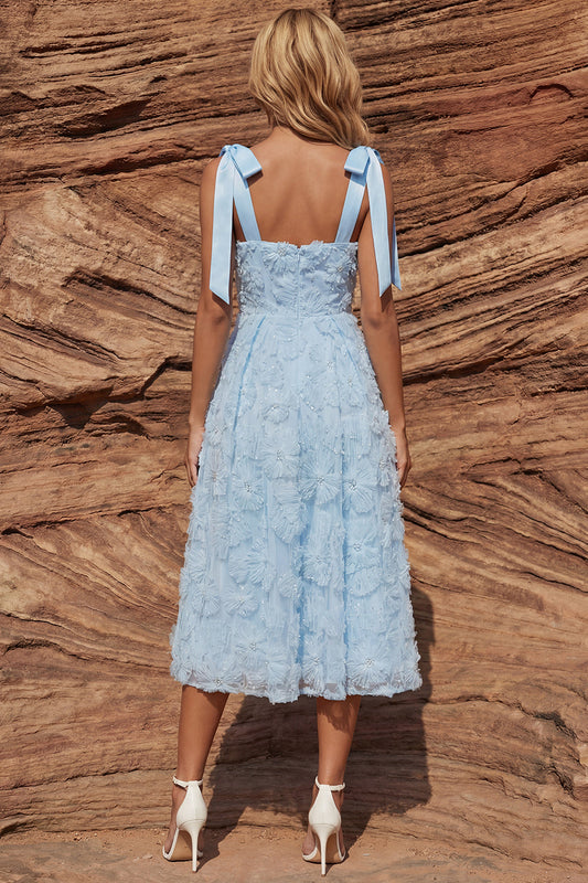 Sky Blue A-Line Floral Beaded Sparkly Long Wedding Guest Dress with Bows