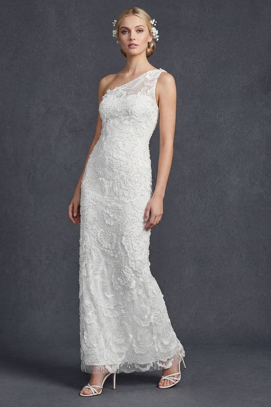 Robe de mariée fourreau longue blanche à une épaule avec appliqués