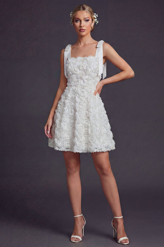 White Bow Straps A-Line Short Wedding Dress with 3D Flowers