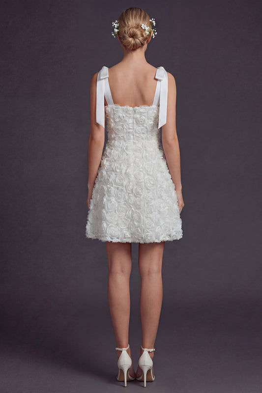 White Bow Straps A-Line Short Wedding Dress with 3D Flowers