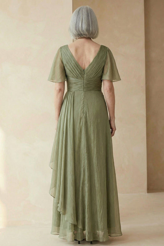 Dusty Sage A Line Ruched Mother of the Bride Dress with Short Sleeves