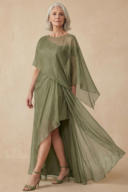 Robe asymétrique en ligne A convertible pour mère de la mariée Dusty Sage avec châle