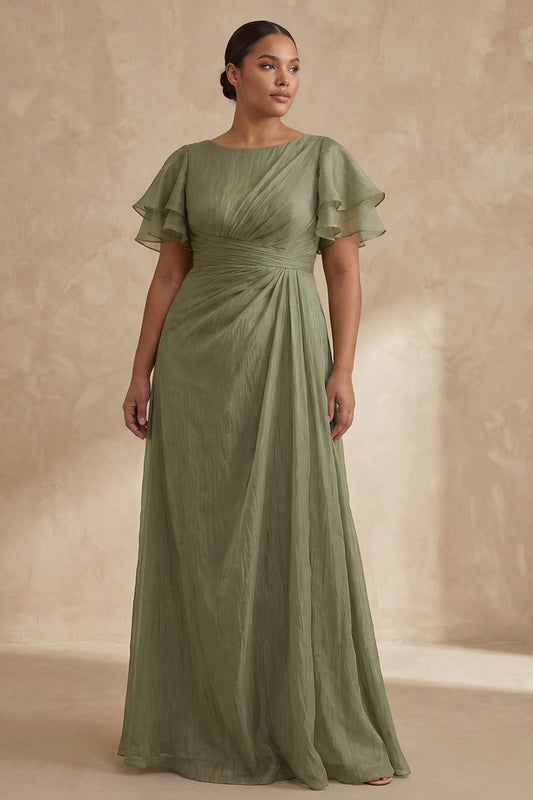 Robe trapèze de couleur sauge poussiéreuse, à encolure bateau et manches volantées, taille plus, pour la mère de la mariée