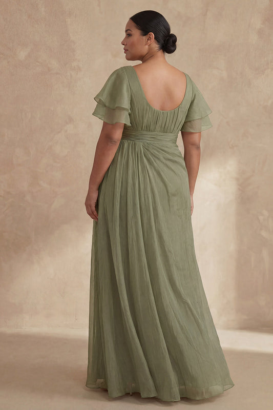 Robe trapèze de couleur sauge poussiéreuse, à encolure bateau et manches volantées, taille plus, pour la mère de la mariée