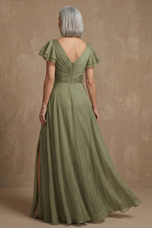Dusty Sage A Line Flutter Sleeves Ruched Mother of the Bride Dress with Slit