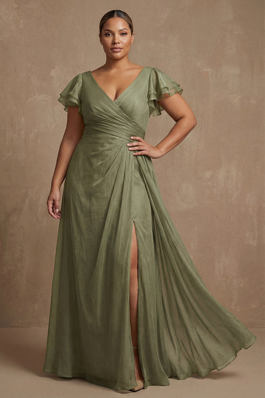 Robe de Mère de la Mariée Grande Taille Dusty Sage Évasée avec Manches Papillon, Fronces et Fente