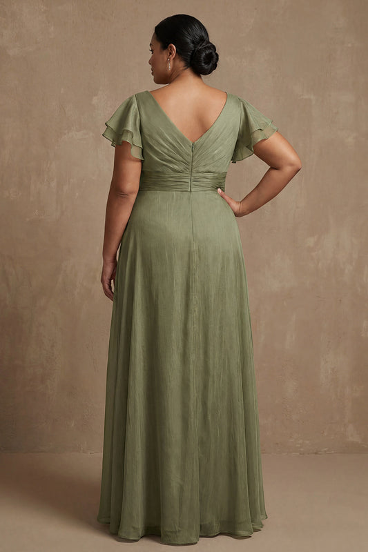 Robe de Mère de la Mariée Grande Taille Dusty Sage Évasée avec Manches Papillon, Fronces et Fente