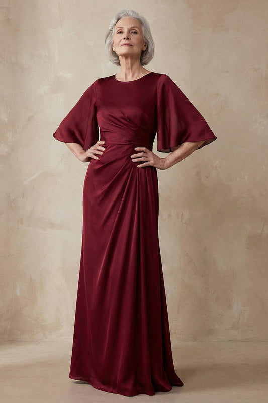 Robe fourreau en satin rouge à col rond avec demi-manches pour mère de la mariée