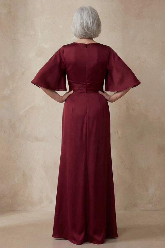 Robe fourreau en satin rouge à col rond avec demi-manches pour mère de la mariée