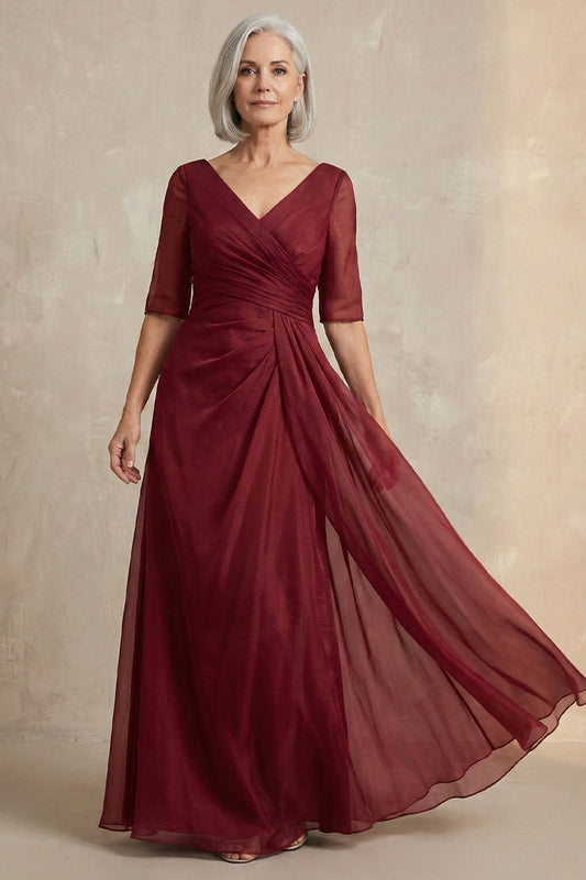Robe de mère de la mariée rouge à col en V, coupe trapèze et manches mi-longues