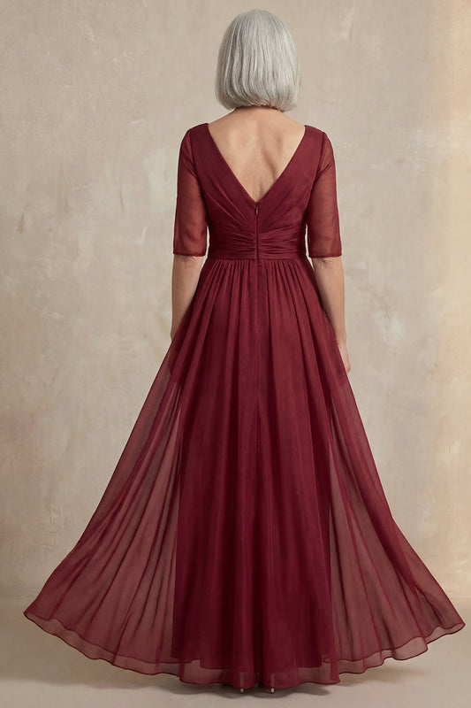 Robe de mère de la mariée rouge à col en V, coupe trapèze et manches mi-longues